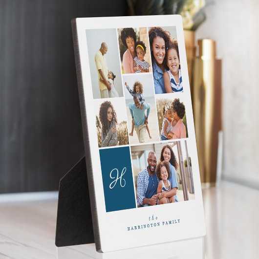 ブルーモノグラムエレガントファミリーフォトコラージンググリッド フォトプラーク
