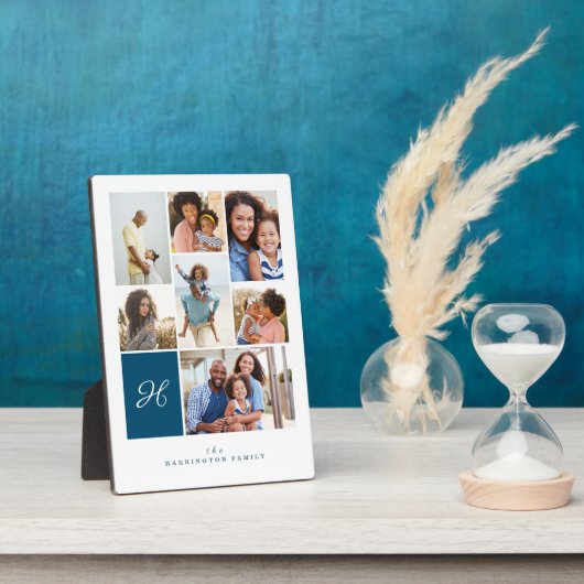 ブルーモノグラムエレガントファミリーフォトコラージンググリッド フォトプラーク (側面)