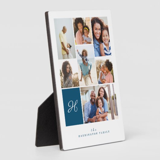 ブルーモノグラムエレガントファミリーフォトコラージンググリッド フォトプラーク (側面)
