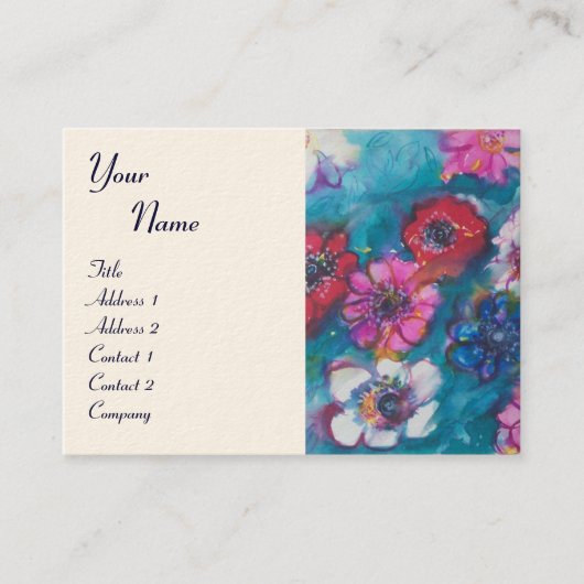 ブルーモノグラムカラフルの赤ピンクの白い花 名刺 (正面)