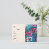 ブルーモノグラムカラフルの赤ピンクの白い花 名刺 (スタンド正面)