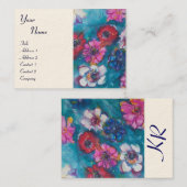 ブルーモノグラムカラフルの赤ピンクの白い花 名刺 (正面/裏面)