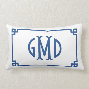 ブルーモノグラムギリシャ鍵縁どランバーピロー ランバークッション
