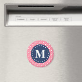 ブルーモノグラムピンク水玉模様パターン マグネット (インサイチュ (食洗機))