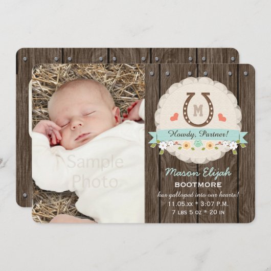 ブルーモノグラムホースシュー西部の出産発表 案内状 (正面/裏面)