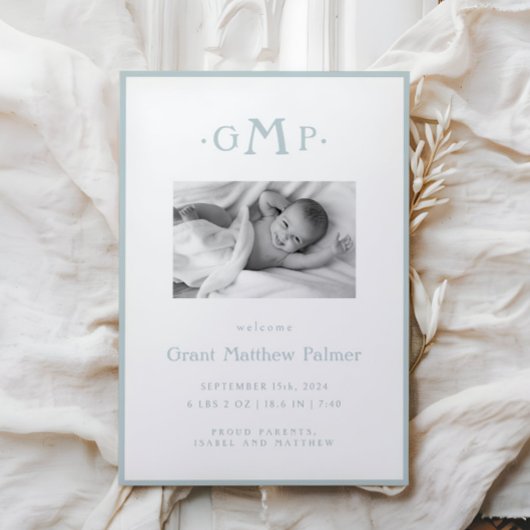 ブルーモノグラムボーイベビー発表 案内状