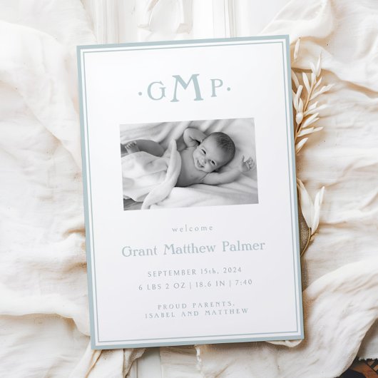 ブルーモノグラムボーイベビー発表 案内状