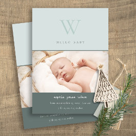 ブルーモノグラムミニマル写真誕生のお知らせ サンキューカード