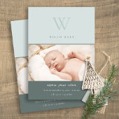 ブルーモノグラムミニマル写真誕生のお知らせ サンキューカード