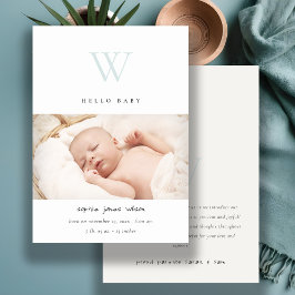 ブルーモノグラムミニマル写真誕生のお知らせ サンキューカード