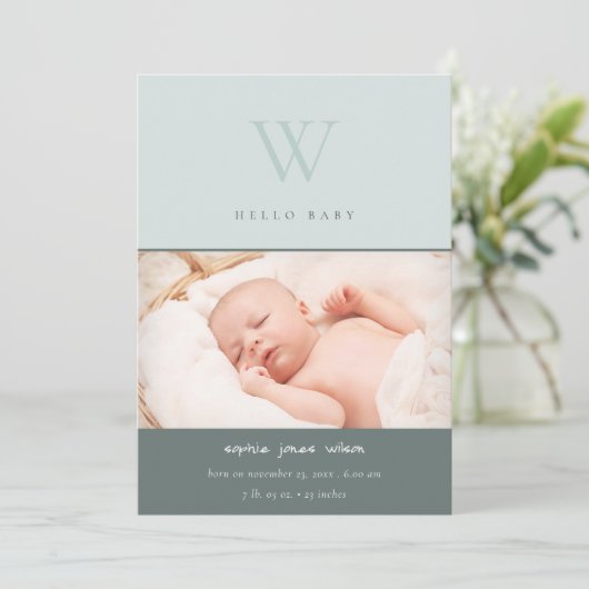 ブルーモノグラムミニマル写真誕生のお知らせ サンキューカード (スタンド正面)