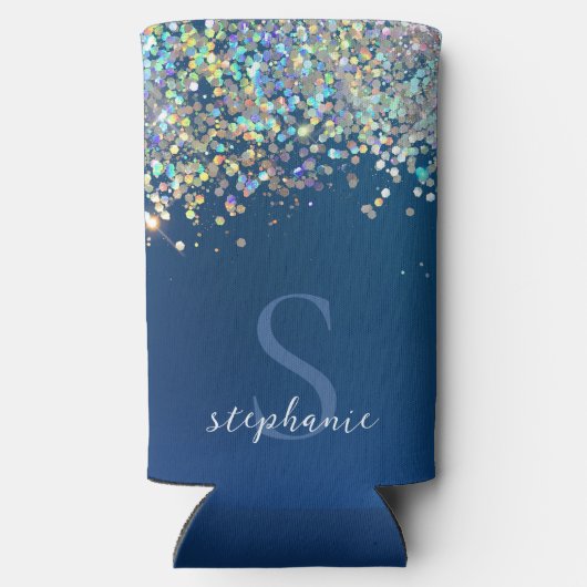 ブルーモノグラムモダンホログラフィックグリッターカスタム スリム缶クーラー (裏面)