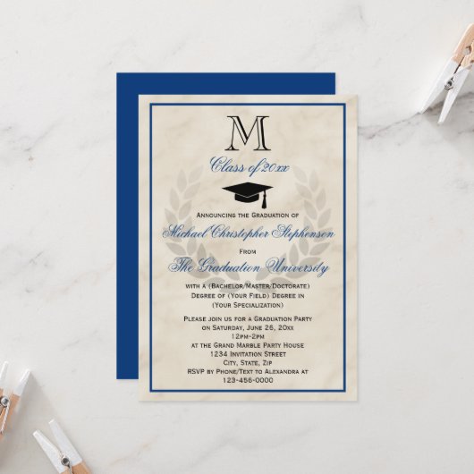 ブルーモノグラムリースクラシックカレッジ卒業 招待状 (正面/裏面インサイチュ)