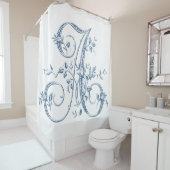 ブルーモノグラムレターAヴィンテージフランスのローズブド シャワーカーテン (インサイチュ)