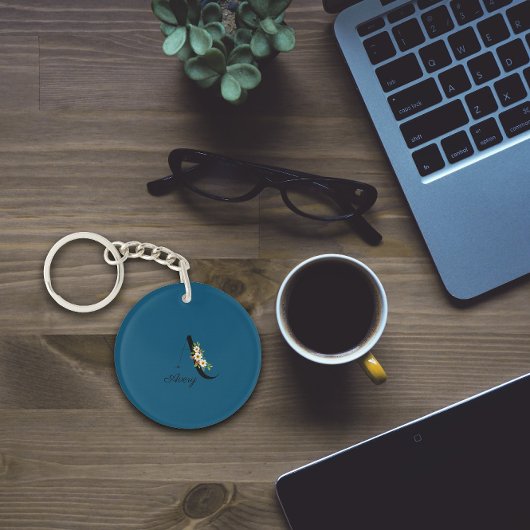 ブルーモノグラム水彩花アクリルキーチェーン キーホルダー