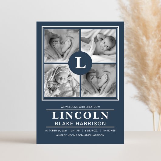 ブルーモノグラム男の赤ちゃん生誕通知カード 案内状