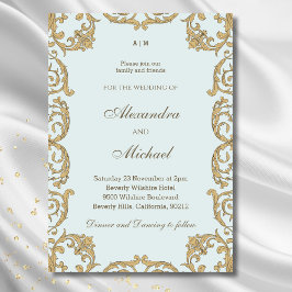 ブルーモノグラム華美バロック様式ヴィンテージウェディング 招待状