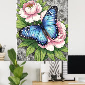 ブルーモルフォ蝶の花の植物画  ポスター (ホームオフィス)