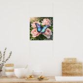 ブルーモルフォ蝶の花の植物画 ポスト ポスター (キッチン)