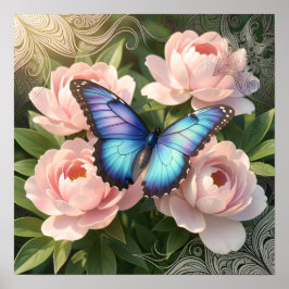 ブルーモルフォ蝶の花の植物画 ポスト ポスター