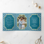 ブルーモロッカン クワトロフォイルパターン ウェディングフォト 三つ折り招待状 (内部)