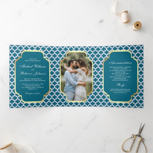 ブルーモロッカン クワトロフォイルパターン ウェディングフォト 三つ折り招待状 (内部)