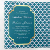 ブルーモロッカン クワトロフォイルパターン ウェディングフォト 三つ折り招待状 (内部最初)