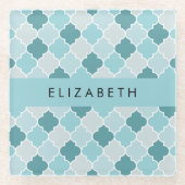 ブルーモロッコトレリス，クローバー，あなたの名前 ガラスコースター (正面)