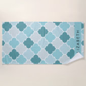 ブルーモロッコトレリス，クローバー，あなたの名前 ビーチタオル (正面)