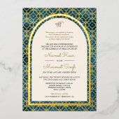 ブルーモロッコパターンシーク結婚アーチ金ゴールド 箔招待状 (正面)