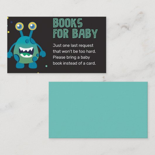 ブルーモンスターがブックカードを持ち込む赤ちゃんシャワーゲーム エンクロージャーカード (正面/裏面)