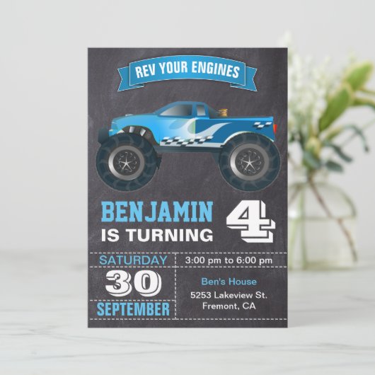 ブルーモンスタートラック子供の誕生日パーティー 招待状 (スタンド正面)