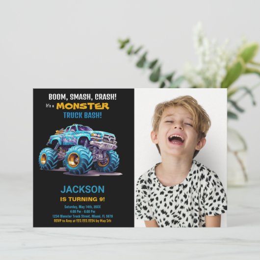 ブルーモンスタートラック誕生日招待状写真 招待状 (スタンド正面)