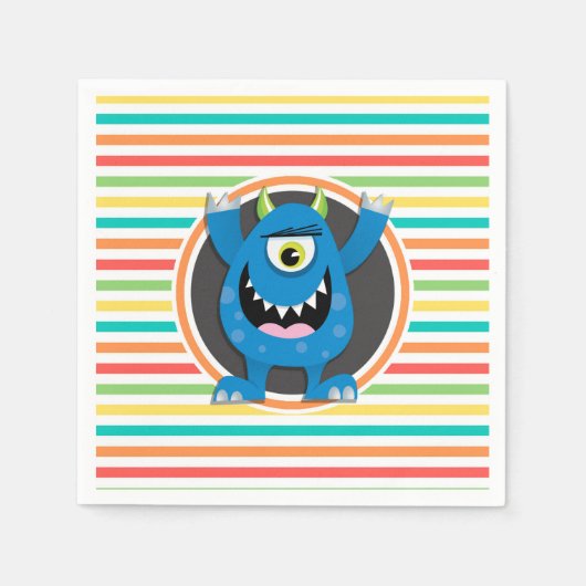 ブルーモンスターブライトレインボーストライプズ スタンダードカクテルナプキン (正面)