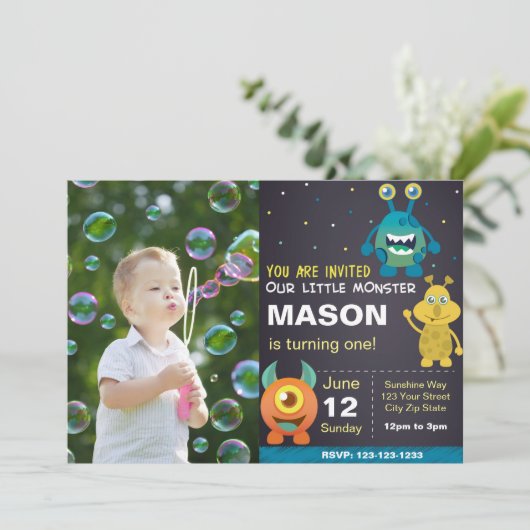 ブルーモンスター誕生日招待状と写真 招待状 (スタンド正面)