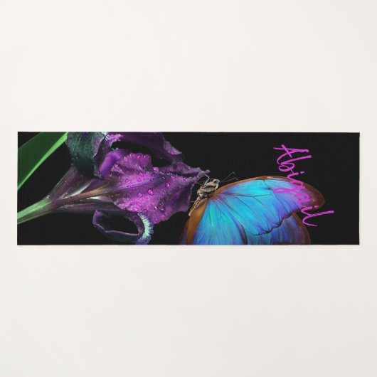ブルーモーフォバタフライとパープルアイリス ヨガマット (正面(横))