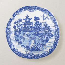 ブルーヤナギ鹿群れアンティークパゴダフェニックス ラウンドクッション