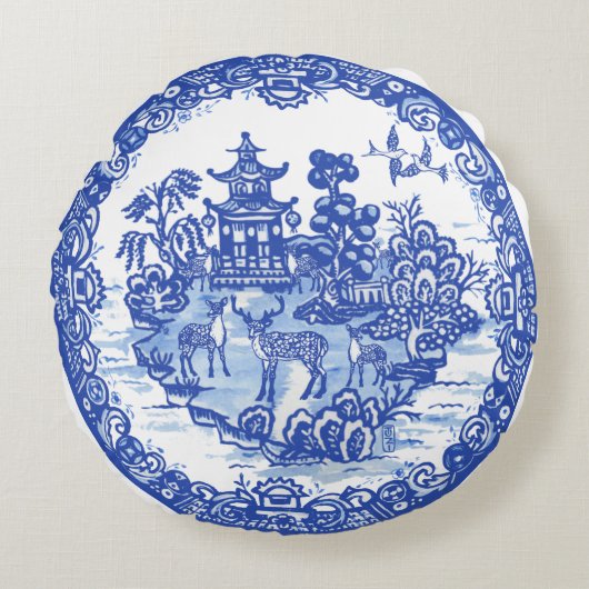 ブルーヤナギ鹿群れアンティークパゴダフェニックス ラウンドクッション (正面)