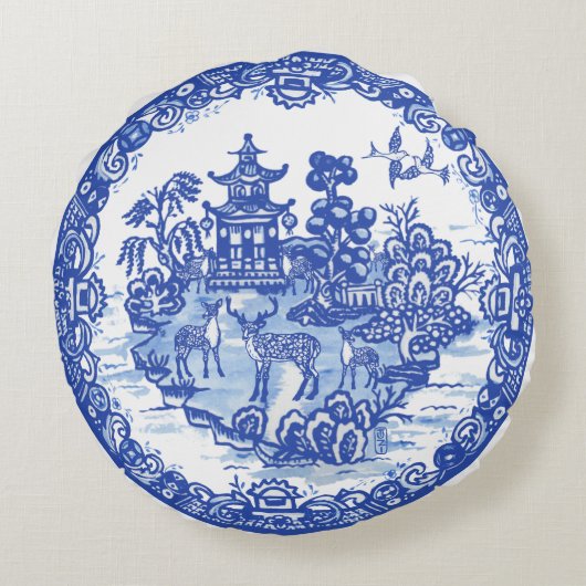 ブルーヤナギ鹿群れアンティークパゴダフェニックス ラウンドクッション (裏面)