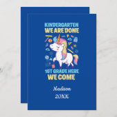 ブルーユニコーンパーソナライズされた幼稚園の卒業 招待状 (正面/裏面)