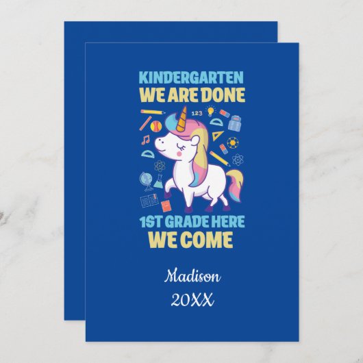 ブルーユニコーンパーソナライズされた幼稚園の卒業 招待状 (正面/裏面)