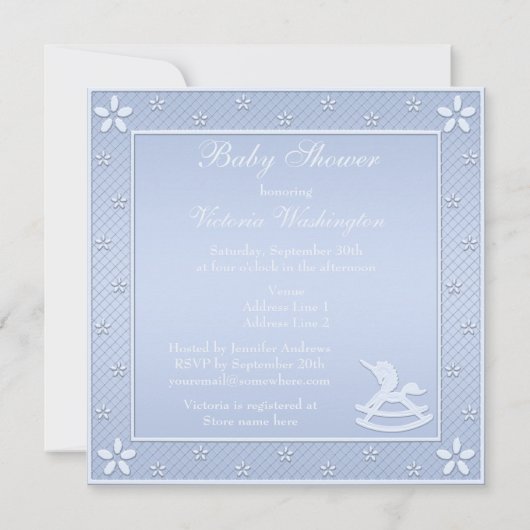 ブルーユニコーンロッキングホース男の赤ちゃんシャワー 招待状 (裏面)