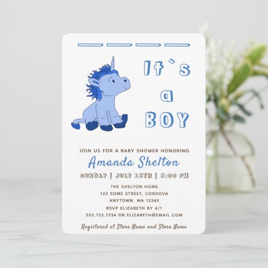 ブルーユニコーン男の赤ちゃんシャワー招待状カード 招待状 (スタンド正面)