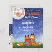 ブルーユニークキツネムーンスターズSave the Date 結婚's 案内ポストカード (正面/裏面)