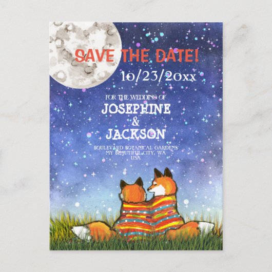 ブルーユニークキツネムーンスターズSave the Date 結婚's 案内ポストカード (正面)