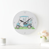 ブルーユニークゴルフカートのモノグラム水彩 ラージ壁時計 (ホーム)