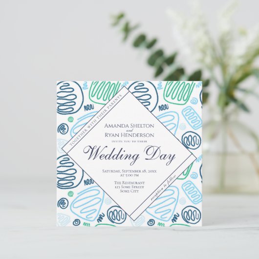 ブルーユニーク抽象芸術ワンラインアー結婚ツ 招待状 (スタンド正面)