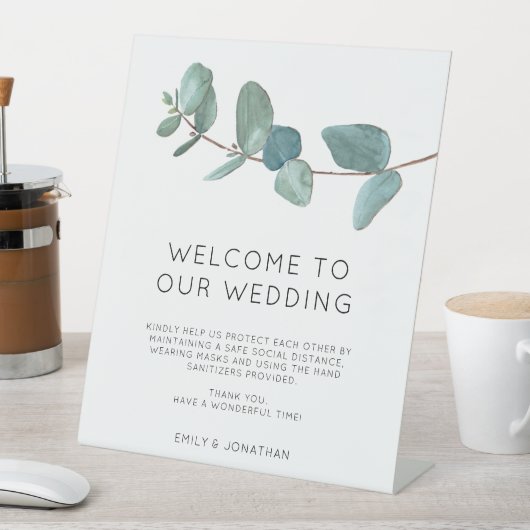 ブルーユーカリエレガントプトゥスウェルカムCOVIDセーフティペデス 台座サイン (インサイチュ)