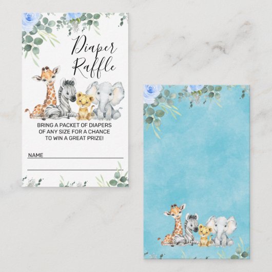 ブルーユーカリプタサファリベイビーシャワーおむつラッフル 名刺 (正面/裏面)