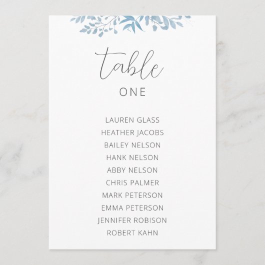 ブルーユーカリ結婚のテーブル座席表カード (正面)